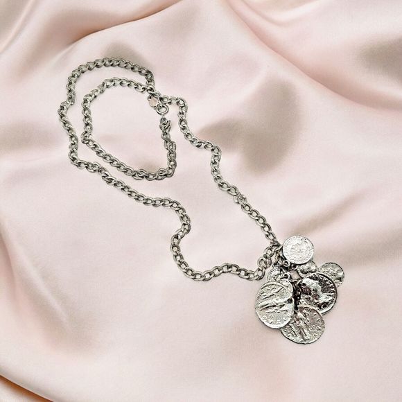 Accessocraft NYC Coin Necklace Vtg Old World Roman Textured Links Dangle Charm - Picture 11 of 11